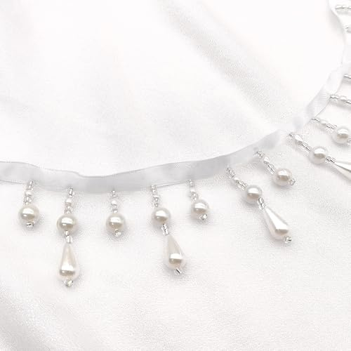 LIANCHEN 3-Yard Schwarzer Perlenfransenbesatz 5-Cm-Breit Vintage Perlenfransenborte Dekoborte mit Perlen Lange Anhänger Hängende Perlenfransen für Nähen Heimdekoration Diy (weiß)