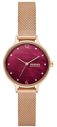 Skagen Anita Lille - Damklocka, kvartsurverk med armband i rostfritt stål eller läder, Vinröd, 30MM