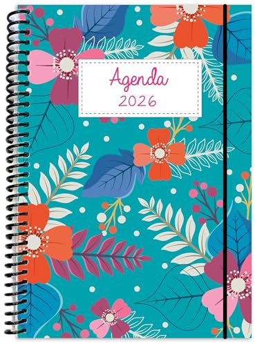 Agenda 2026 1 DIA POR PAGINA Diseño Floral Diario Formato A5 Con Espiral Tapas Plásticas Papel Premium 320 Páginas Planificador Personal Colorido Ideal Oficina Estudiantes Mujeres Organizadas
