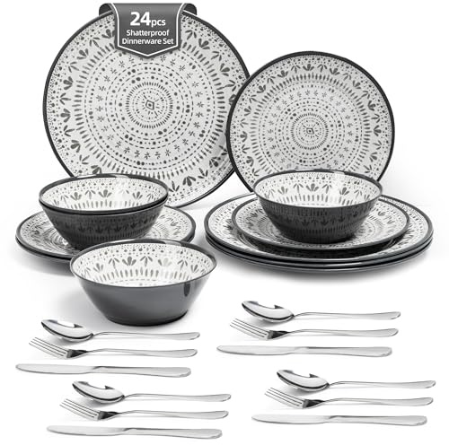 La Joventino Vajilla de melamina, 24 piezas, vajilla de camping, juego de platos y vajilla – para viajes y exteriores