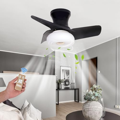 Low Profile Black Ceiling Fan with Light Remote Control and Reversible LED 60CM Flush Mount Dimmable Noiseless Fan for Bedroom Indoor Ceiling Fan Lights