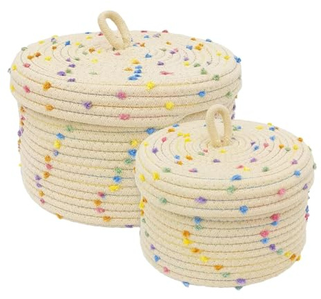 2er Set Aufbewahrungskorb Geflochten Baumwollseil Körbchen mit Deckel, Baumwolle Strickkorb Dekorative Regalkörbe, Flechtkorb Klein Aufbewahrungsbox Rope Basket für Schminke Socken Spielzeug (Stil A)