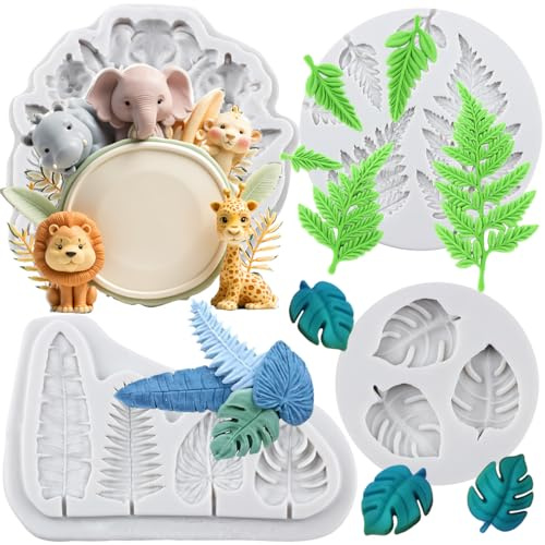 Sijiangmold Set di 4 stampi in silicone a forma di animale safari, a forma di foglia tropicale, felce, foglia, fondente, decorazione per torte, cioccolato, cupcake, caramelle, argilla polimerica