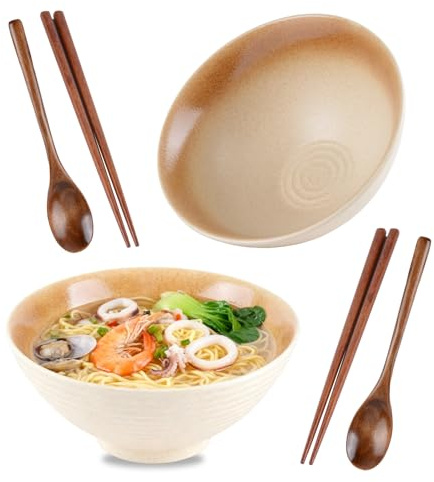 CZCMYAU 1200ml Ceramic Ramen Bowls Set of 2 with Chopsticks and Spoon Japanese Noodles Soup Bowls Udon Ramen Bowl for Pho Cereal(Matte Gold)