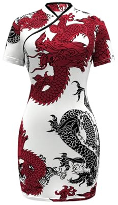 Floerns Women's Cheongsam Chinese Traditional Dragon Print Qipao Bodycon Mini Dress Red Multi Large