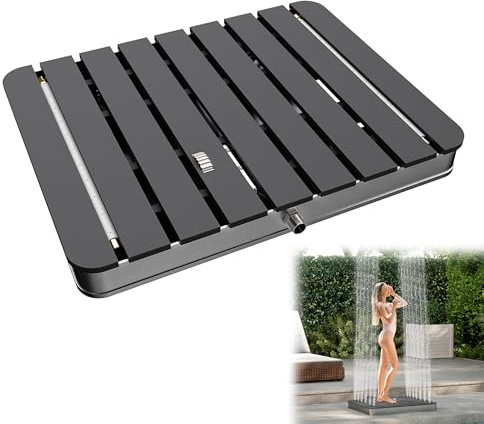 YRHome Ducha de jardín, ducha de suelo, ducha exterior, cartucho de sauna, aluminio/WPC, ducha de camping, rectangular, 70 x 55 cm, altura de fuente hasta 4 m, superficie antideslizante, resistente a