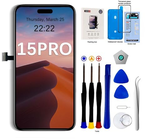 EFaith - Pantalla LCD de Reemplazo para iPhone 15 Pro 6.1, 3D Touch, Face ID, TrueTone, FHD, Digitizer con Kits de Reparación para A2848, A3101 A3102, A3104