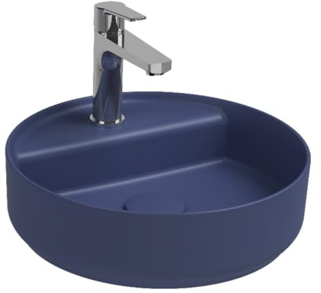 Lavabo tondo da appoggio senza troppo pieno in ceramica con foro rubinetto - Blu Opaco
