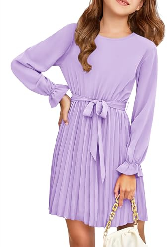 Haloumoning Robe pour fille élégante à manches longues - Robes enfants ligne A jupe plissée col rond robe midi fluide, Violet, 7-8 ans