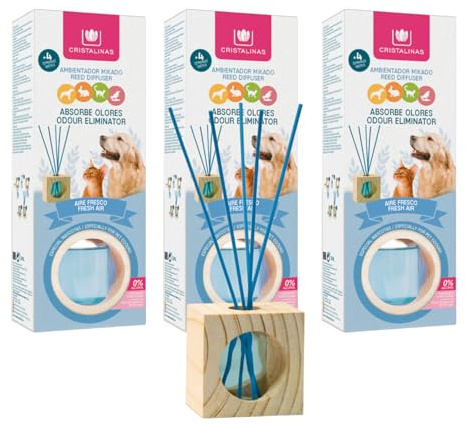 CRISTALINAS Pet Odour Eliminating Reed Diffusers Fresh Air Scent - 30ml Air Fresheners for Home - Lasts upto 4 weeks - Pack of 3