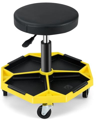 SOARS Werkstatthocker mit Rollen, 41-55cm höhenverstellbar, Rollhocker Werkstatt mit Abnehmbarer magnetischer Werkzeugablage, Arbeitshocker bis 150kg belastbar (Gelb)