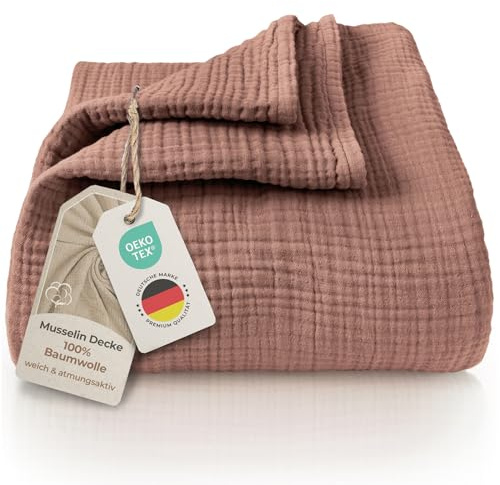 LAYNENBURG Premium Musselin Tagesdecke 150x200 cm - 100% Baumwolle - extraweiche, leichte Sommerdecke als Kuscheldecke, Bett-Überwurf, Baumwolldecke, Couch-Überwurf - warme Sofa-Decke (Mokka)
