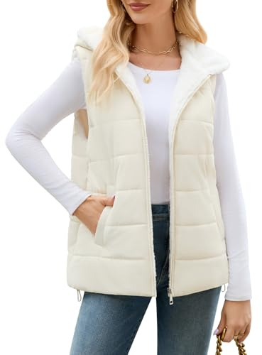 CMTOP Chaleco Mujer Invierno Cálidos Sin Mangas Abrigo de Forro Polar Casual Chaqueta con Capucha Ligero Cremallera Gilet Otoño Exteriores Outwear con Bolsillos(Caqui Claro, XL)
