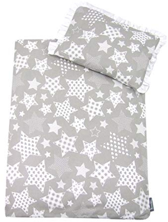 Rawstyle 4 TLG. Set Bezug (Weiß + Sterne Grau) für Kinderwagen 70x50 cm Garnitur Bettwäsche Decke + Kissen + Füllung (Sterne grau gefüllt)