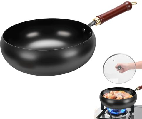 Gugxiom Sartén japonesa de hierro con tapa de madera, 28 cm, sin revestimiento, con espátula, forjada a mano, sartén wok de hierro fundido para cocinas eléctricas/inducción/cocinas de gas (tapa de