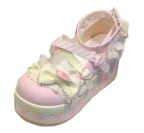 FQLGJMY Lolita Mary Jane-skor gotisk rund tå tjock platåklack spets färgglad punk rock söt Kawaii med JK bubbla prinsessa klänning Demin läder kjol jeans, Stil 3 Rosa, 36 EU
