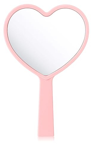 Bremorou Handspiegel Klein Mit Griff Herz Kosmetikspiegel Reise Schminkspiegel Kleiner Spiegel Camping für Handtasche Reisen Damen Tägliche Make Up Valentinstag (Rosa Schwarz)(Rosa)