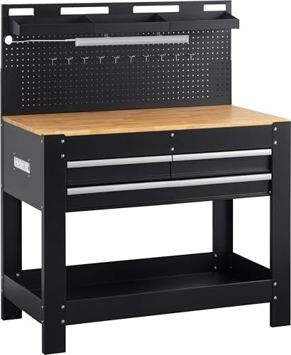 Meister Werkbank für Werkstatt und Garage – Mit LED-Arbeitsleuchte, Steckdosenleiste, 3 Schubladen – 200 kg Belastbarkeit