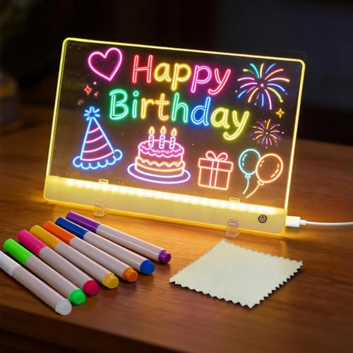 Wiederaufladbare LED Maltafel Kinder, 30x20cm LED Notiztafel mit 7 Farben & Ständer, Kreatives Zeichenbrett als Geschenk zur für Memo, Notiztafel, Werbung, Nachtlicht, für Mädchen, Jungen und Teenager