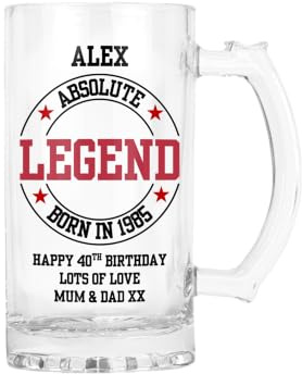 Personalised Clear Glass Beer Tankard 0.8 Pint Absolute Legend Birthday Design for Boys 18th 21st 30th 40th 50th 60th 70th, Gift Box Available (Print with Handle on Right, No Gift Box)