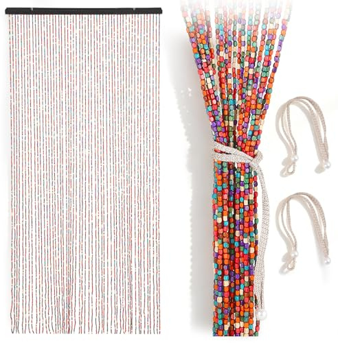 CaeliMuse 52-Strand Wooden Beaded Door Curtain, 90x200cm Fly Curtains for Doors, Colorful Wood Bead String Room Divider, Customizable Shape & Easy Hang for Doorway