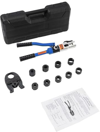 OUKANING Pinza crimpatrice manuale per tubi con 9 ganasce, tipo V 12-28 mm/tipo TH 16-32 mm, pinza crimpatrice idraulica per tubi in acciaio inox/rame/multistrato, con valigetta per il trasporto (blu)