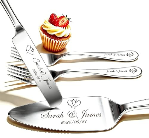 QSZ Ensemble couteau et pelle à gâteau mariage personnalisé gravure prénom et date acier inoxydable avec fourchettes cadeau pour mariage anniversaire fiançailles et fêtes (SILVER)