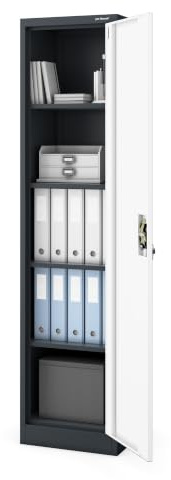 Jan Nowak Aktenschrank Büroschrank Metall abschließbar 185x40x45 cm | Dokumentenschrank, Ordnerschrank mit Schloss, 4 verstellbaren Einlegeböden, schmaler Stahlschrank für Büro und Archiv
