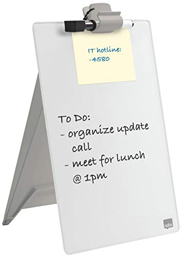 Nobo Lavagna / Blocco Note da Tavolo con Cavalletto, in Vetro, Portatile, con Pennarello e Clip Rimovibile Inclusi, Cancellabile a Secco e Senza Cornice, 216 mm x 297 mm - Bianco Brillante