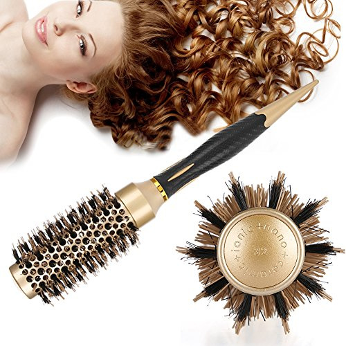 Haarbürste mit Wildschweinborsten und Nylon, Professionelle Haar Rundbürste zum Föhnen, Kleine Thermo Keramik Ionen Round Brush, Föhn Styling Bürste, Borsten Haarbürste antistatisch( A1813 32)