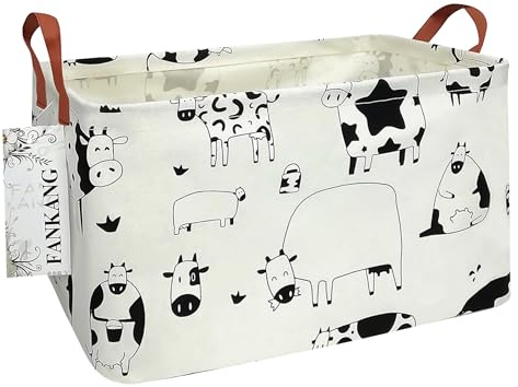 FANKANG Aufbewahrungskorb, Wäschekorb aus Segeltuch, faltbar, mit wasserdichter PE-Beschichtung, für Büro, Schlafzimmer, Kleidung, Spielzeug (L, Rec-Cows)