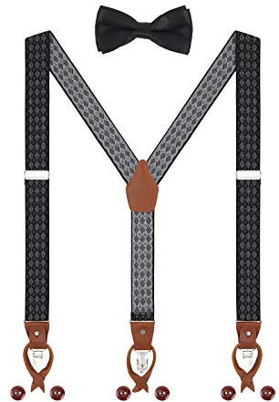 WANYING Herren Hosenträger Fliege Set 2 WAY TO WEAR 6 Leder Knopfloch 3 Clips Y-Form 3,5cm Breit Verlängerte Hosenträger für Körpergröße 160-200cm