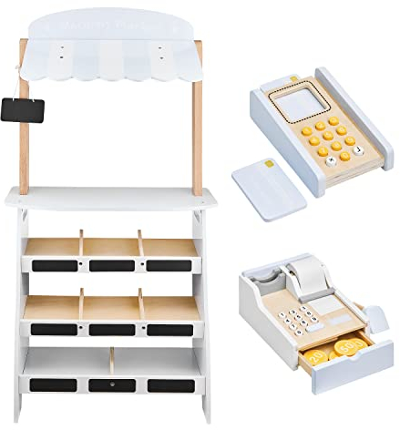 mamabrum Kaufmannsladen-Set aus Holz - Marktstand mit Registrierkasse, Terminal & Kreidetafel - 19-teiliges Lernspielzeug mit Obst & Gemüse für Kinder ab 3 Jahren