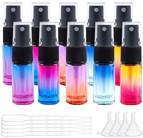 BENECREAT 10 confezione Da 5 ml di Flacone Spray In Vetro Sfumato con Tappo Antipolvere, Mini Atomizzatore A Nebbia Fine con 10 contagocce e 4 imbuti per Cosmetici per Dispenser di Profumi