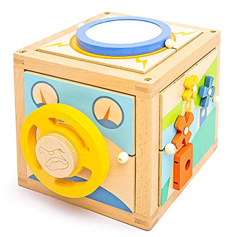 IGGY Premium Motorikwürfel aus Holz – 5 herausnehmbare Elemente: Perlenbahn, Lenkrad, Babytrommel und Windmühlen – für zu Hause und unterwegs - Holzspielzeug ab 1 Jahr, EN71 getestet, deutsches Design