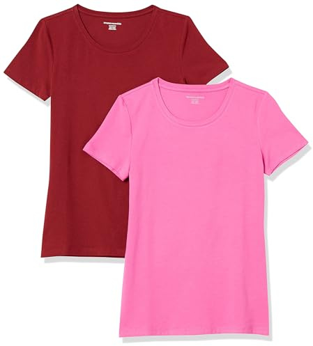 Amazon Essentials Women's Kortärmad T-shirt med rund hals klassisk passform, Pack of 2, Rosa/Vinröd, M