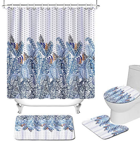 Duschvorhang-Set mit Blättern, Stoff, tropische Palmenblätter, Farn mit Punkten, Badezimmer-Vorhang, blau, Set mit rutschfestem Teppich, WC-Deckelbezug, Badematte, Pflanzen, Heimdekoration, Unisex
