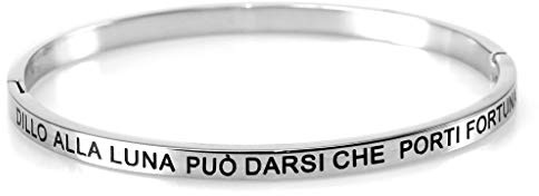 Flowers Bracciale rigido in acciaio frasi canzoni emozionanti diametro 6cm x 5,2 cm. Chiusura magnetica a scomparsa. Idea regalo (Dillo alla luna può darsi che porti fortuna)