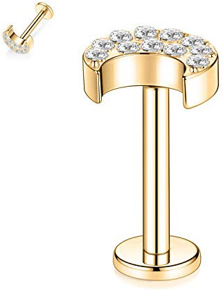 hengkaixuan 316L Moon Tragus Gold Chirurgischer Stahl Labret Bolzen Gewindeloser Push-In Lippenbolzen Ohrring 8mm 16G Kristall Monroe Lippen Helix Muschel Knorpel Ohr Piercing Körperschmuck