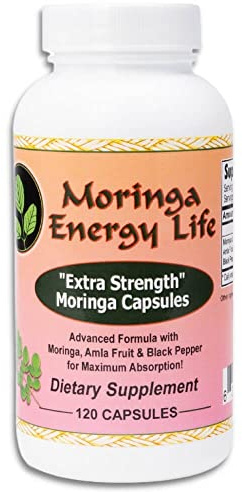 Moringa Energy Life Moringa Extra Strength Capsules 120, Moringa Oleifera Leaf, Amla Fruit, Black Pepper. Gluten-Free, Non-GMO, Vegan Supplement