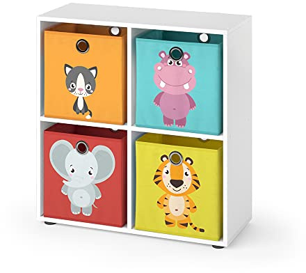 Vicco Kinderregal Tetra, Weiß, 72.6 x 72 cm | mit 4 Faltboxen (rot/gelb), geeignet zur Aufbewahrung von Spielzeug und Büchern