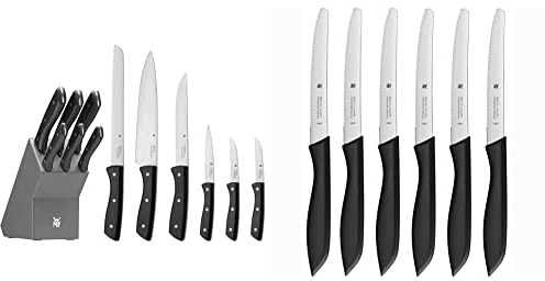 WMF Messerblock mit Messerset 7-teilig & Classic Line Frühstücksmesser Set 6-teilig, 23 cm, Brötchenmesser Wellenschliff, Brotzeitmesser, Spezialklingenstahl, Kunststoffgriff, schwarz