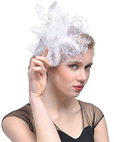 JewelryWe Fascinator Hut Handschuhen Set, Mesh Blumen Feder Kopfbedeckung Pillbox Derby Hut mit Schleier Stirnband und Clip Damen Kopfschmuck mit Spitzenhandschuhen für Tee Party Hochzeit