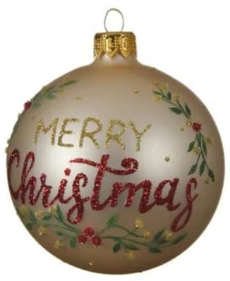 Traditionelle runde Weihnachtsbaumkugel mit Aufschrift Merry Christmas, Champagner-Gold, Rot, Grün – 8 cm