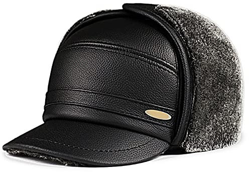 JIARY Mütze Herren,Fliegermütze,Outdoor-Lederhut Für Herren Mit Winddichter, Warmer Ohrenschützer-Lederhut,Trappermütze Aus Für Herren,Schwarz,XXL (59~60cm)