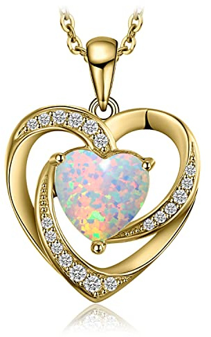 JewelryPalace Love Heart 2.5ct Created Opal Pendant Necklace for Women, 14K Yellow Gold Plated 925 Sterling Silver Necklace for Her, Anniversary Gemstone Jewellery 18 Inches Chain