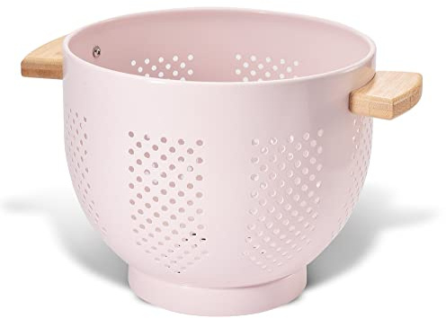 Metal Colander with Wood Handle and Stable Base, Powder Coated Steel Kitchen Strainer Basket for Draining Pasta, Vegetable and fruit (5.5 quart, Pink)