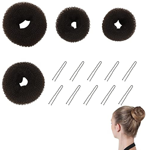Duttkissen, 14 Stück Hair Bun Maker Set, 4 Stück Haarschmuck Knotenkissen mit 10 u-förmige Haarnadeln, Haardonut Dutt Hilfe für Kinder Frauen Mädchen(Braun,Schwarz)