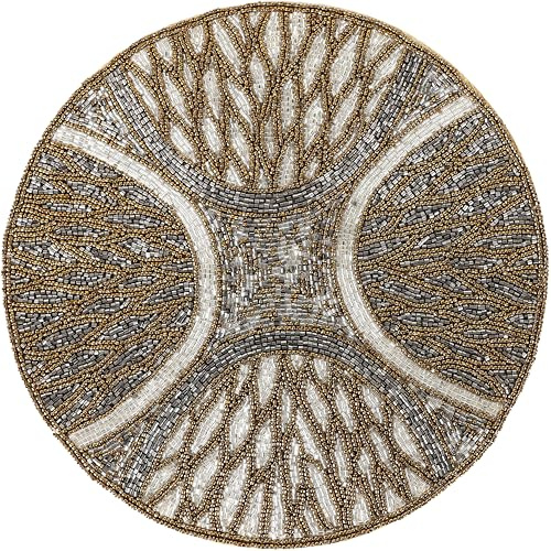 CLEENTABLE Brown Grey Round Beaded Placemats, Set of 2 | Glass beads & polyester, 13x13 in, charger plate base, non-slip, stain-resistant, handmade