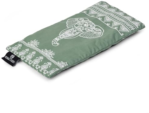 Yoga Studio Almohada orgánica azteca para ojos de elefante, 23 cm x 12/13 cm, almohada de yoga orgánica con aroma de lavanda y linaza para ojos cansados y dolores de cabeza (elefante azteca verde